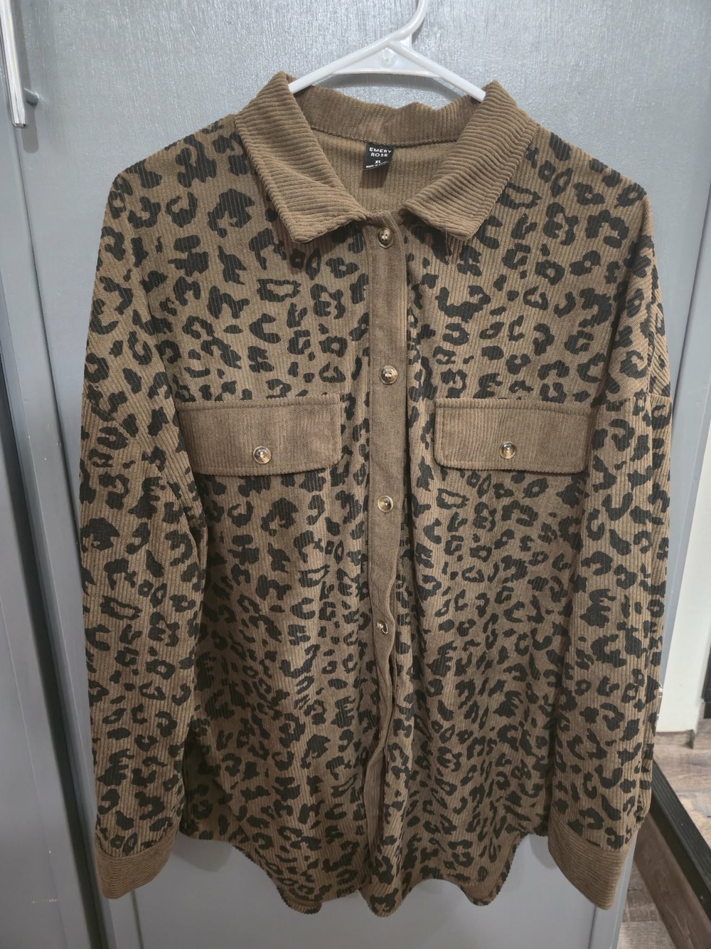 Corduroy Leopard-Print Button-Down Shacket - Brown